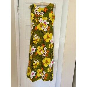 Vintage 60s 70s Penneys Hawaii Tropical Floral Dress Yellow Green Orange Small